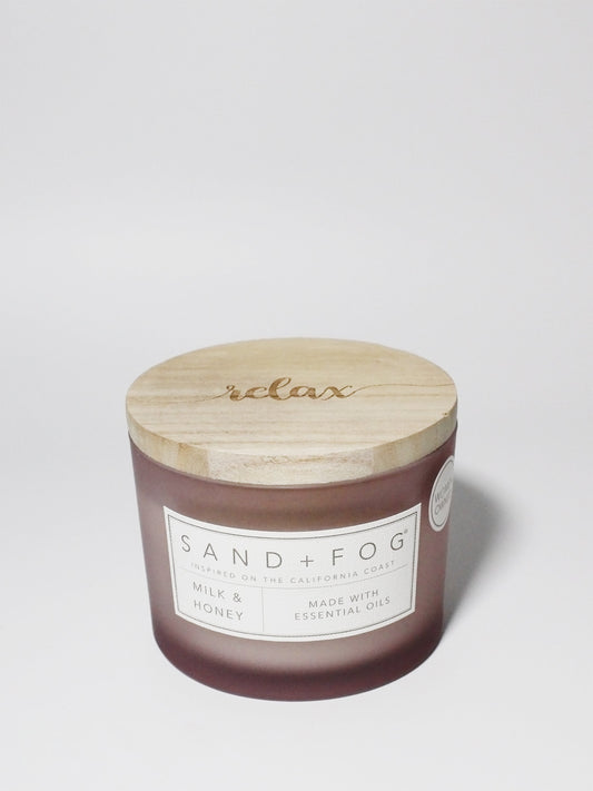 Milk & Honey 12 oz scented candle Medium Lilac vessel with Relax carved lid