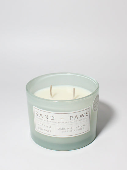 Sand + Paws Ocean & Sea Salt 12 oz scented candle Seaglass vessel with Carved Paws and Bones lid